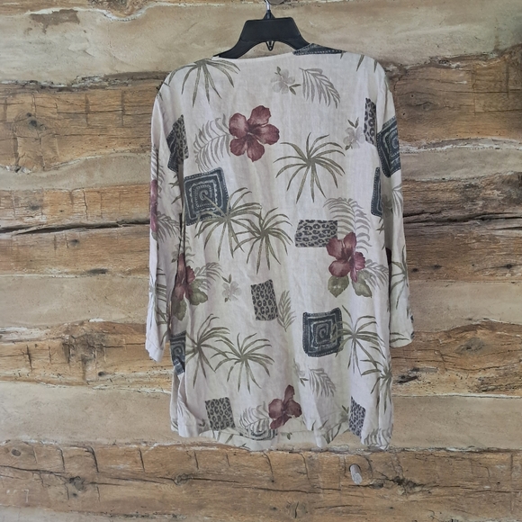 Hot Cotton Tan V Neck Oversized Tropical Print Linen Tunic Size XL - Picture 5 of 8